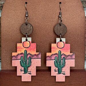 Desert Sunset Saguaro Cactus Wood Earrings